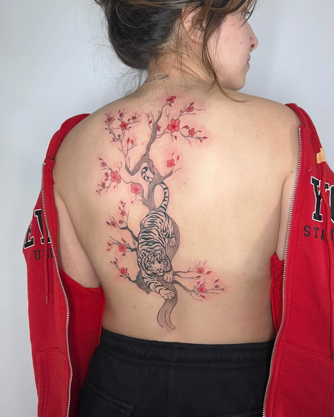 Tiger and Cherry Blossom Tree Back Tattoo