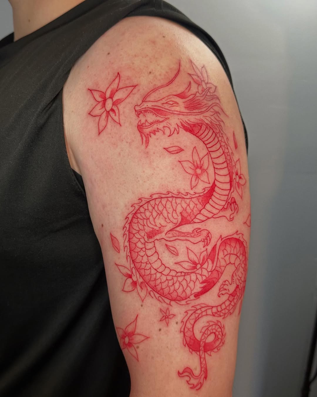 Red Dragon Linework Tattoo