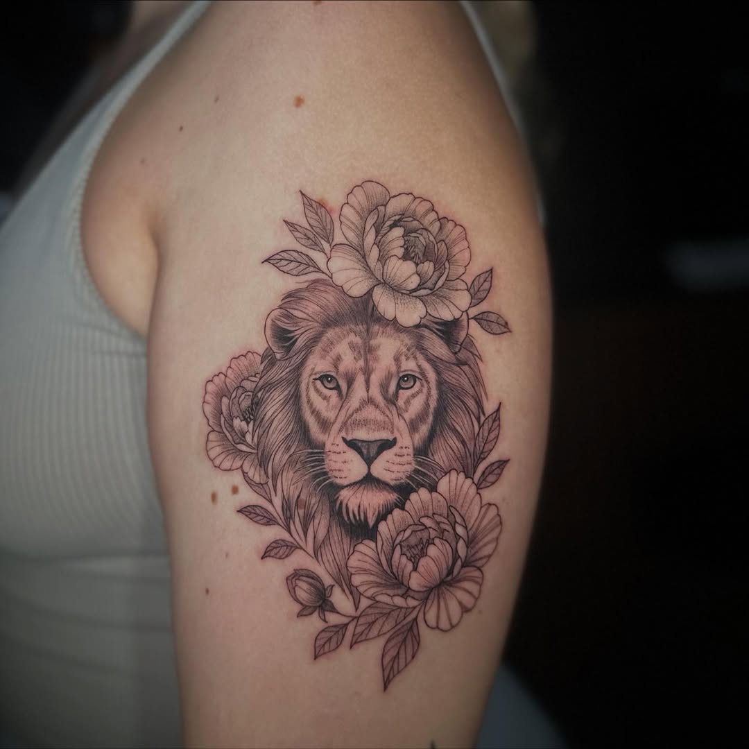 Lion and Peony Floral Tattoo