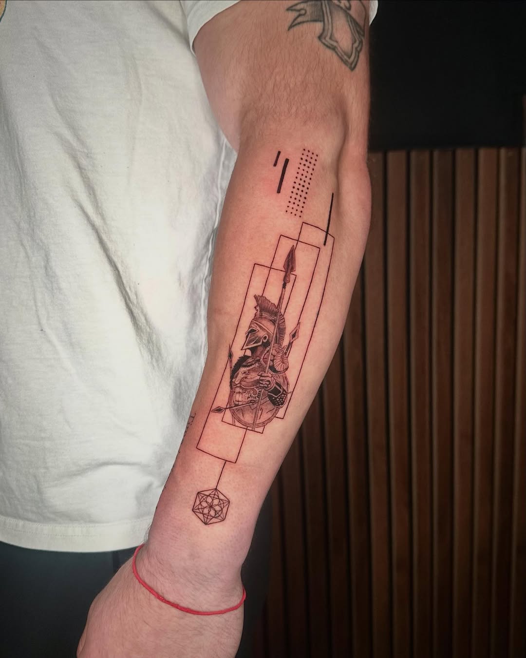 Geometric Spartan Warrior Fine Line Tattoo