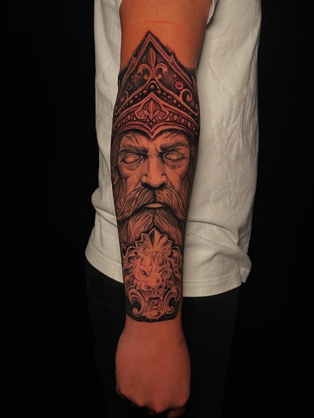 Slavic King and Lion Forearm Tattoo