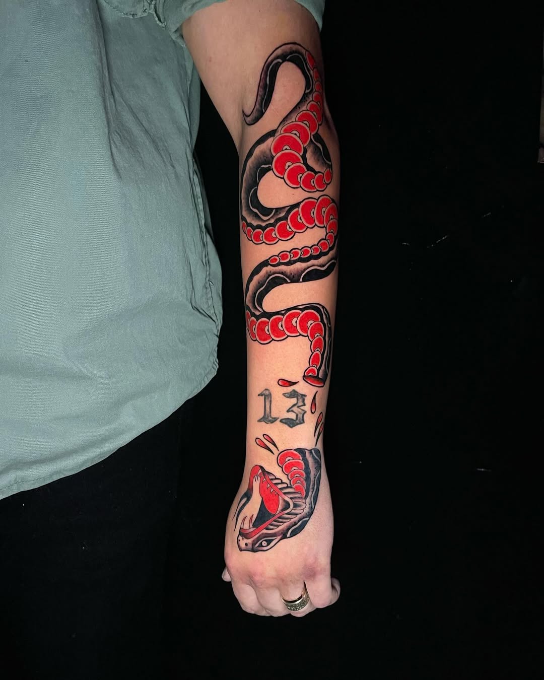 Traditional Snake and Number 13 Tattoo