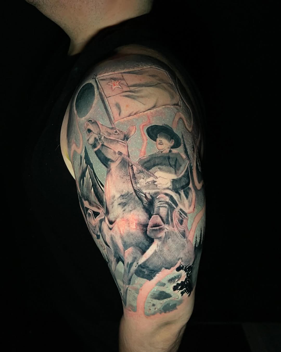 Patriot Rider with Flag Shoulder Tattoo