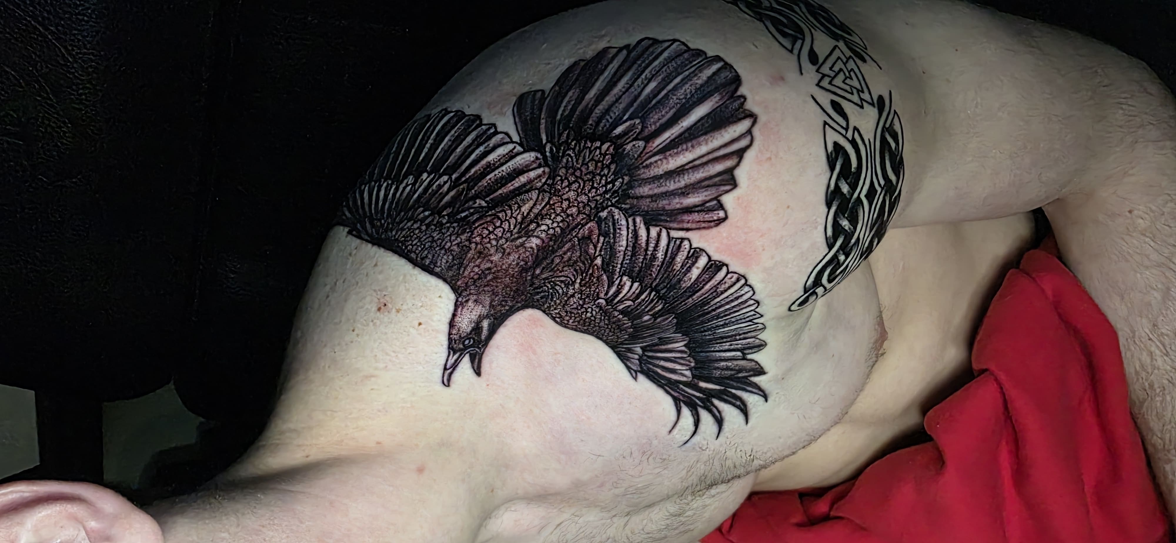 Raven in Flight Shoulder Tattoo