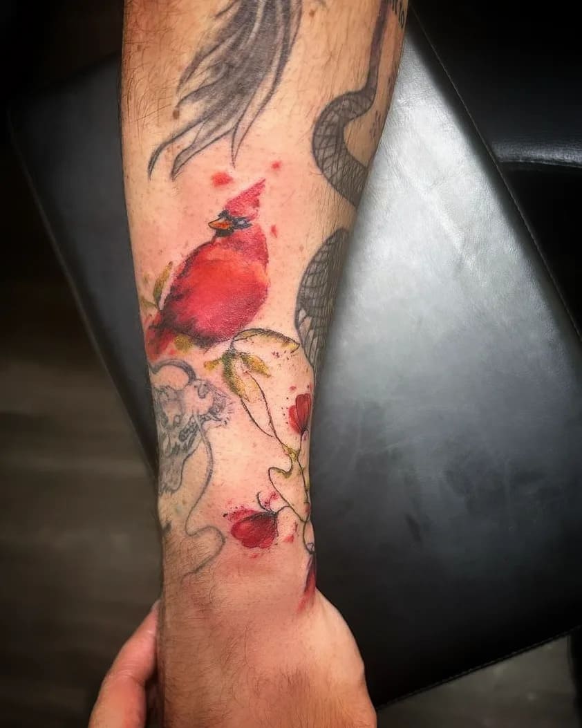 Watercolor Cardinal & Floral Tattoo
