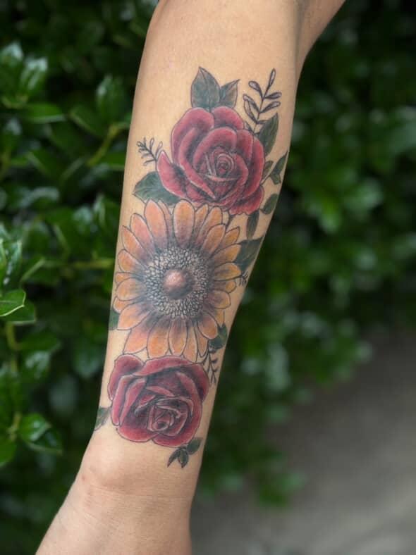 Sunflower & Roses Forearm Tattoo