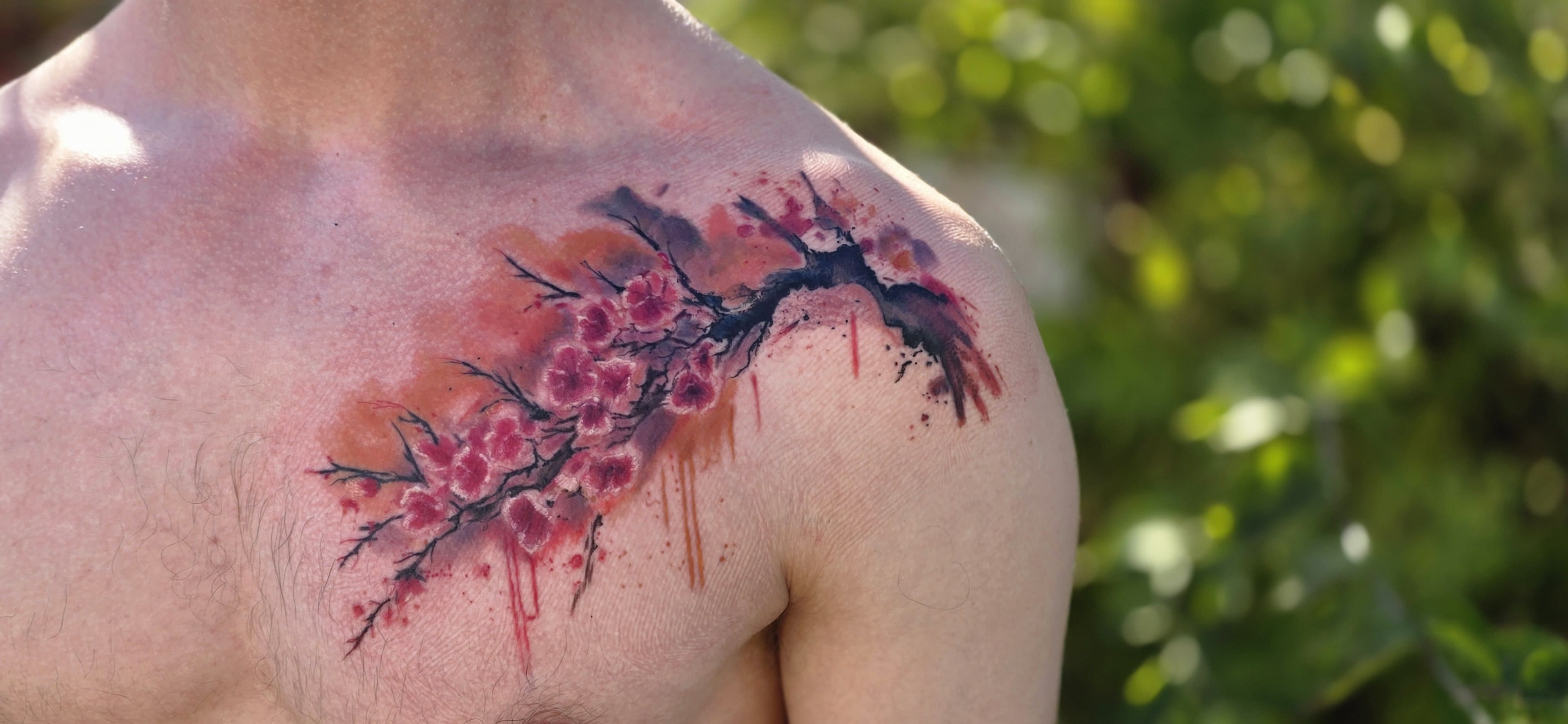 Cherry Blossom Brushstroke Shoulder Tattoo