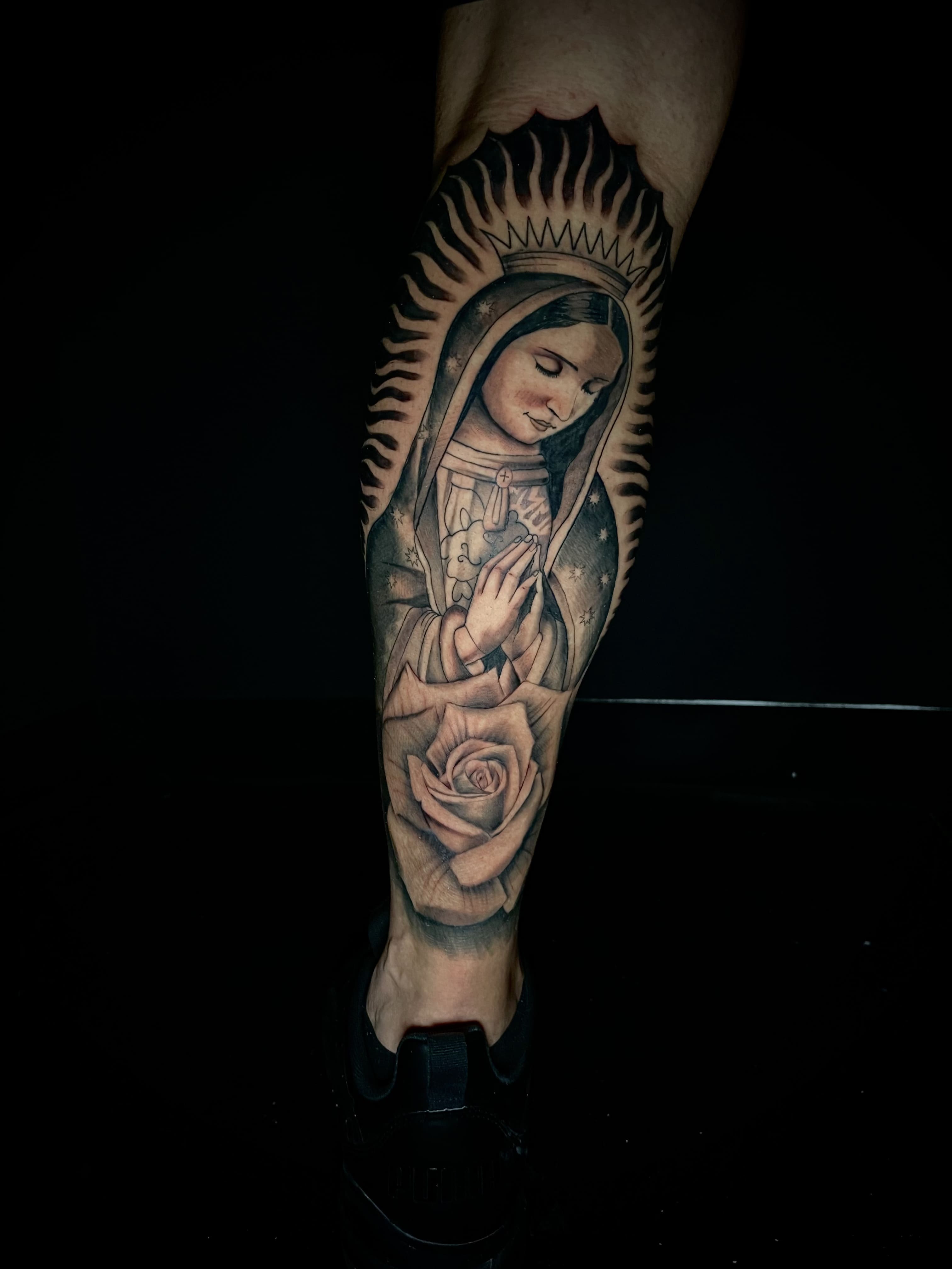 Virgin Mary & Rose Realism Tattoo