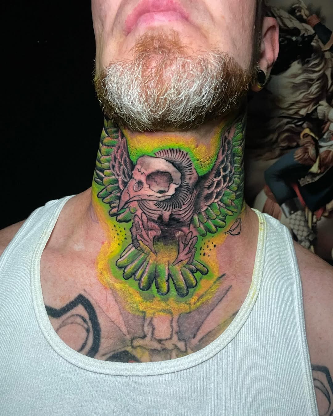 Vulture Skull Neck Tattoo with Neon Aura