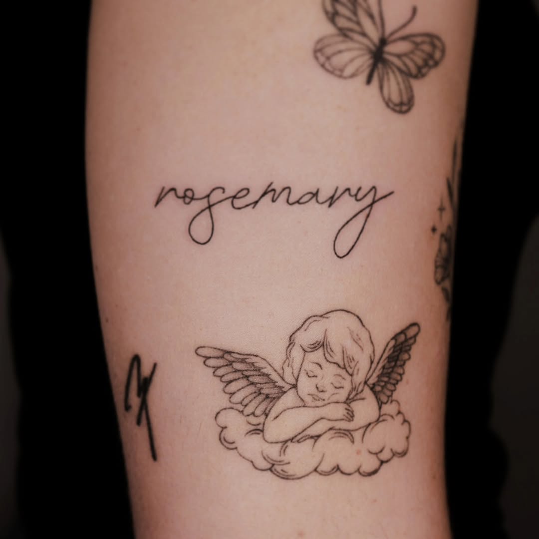 Cherub Angel & “Rosemary” Script Tattoo