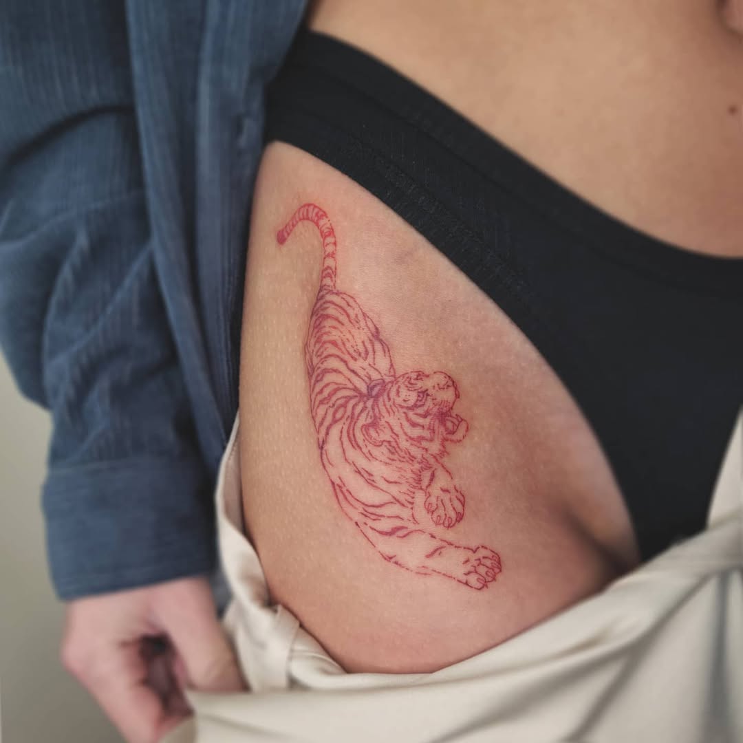 Red Ink Tiger Fine Line Tattoo