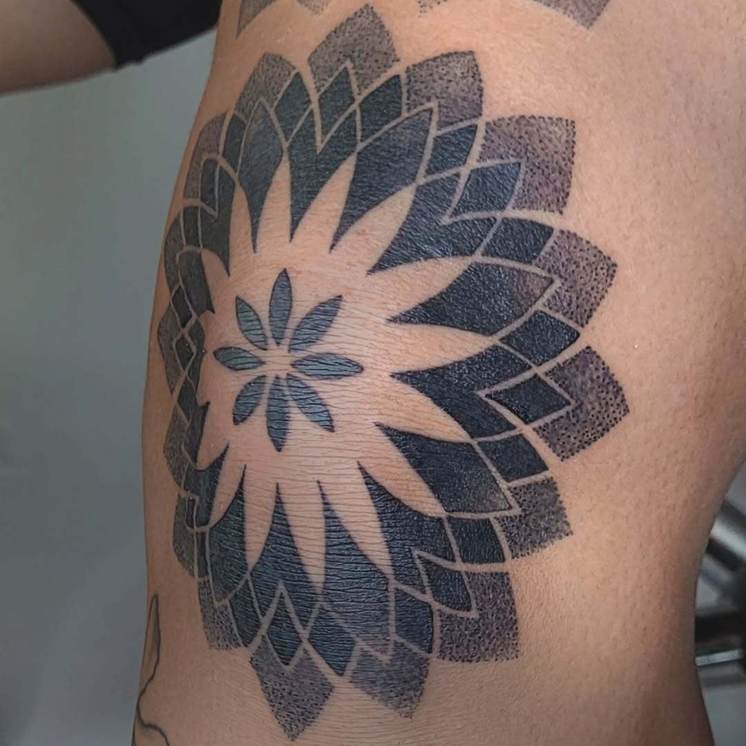 Blackwork Mandala Knee Tattoo