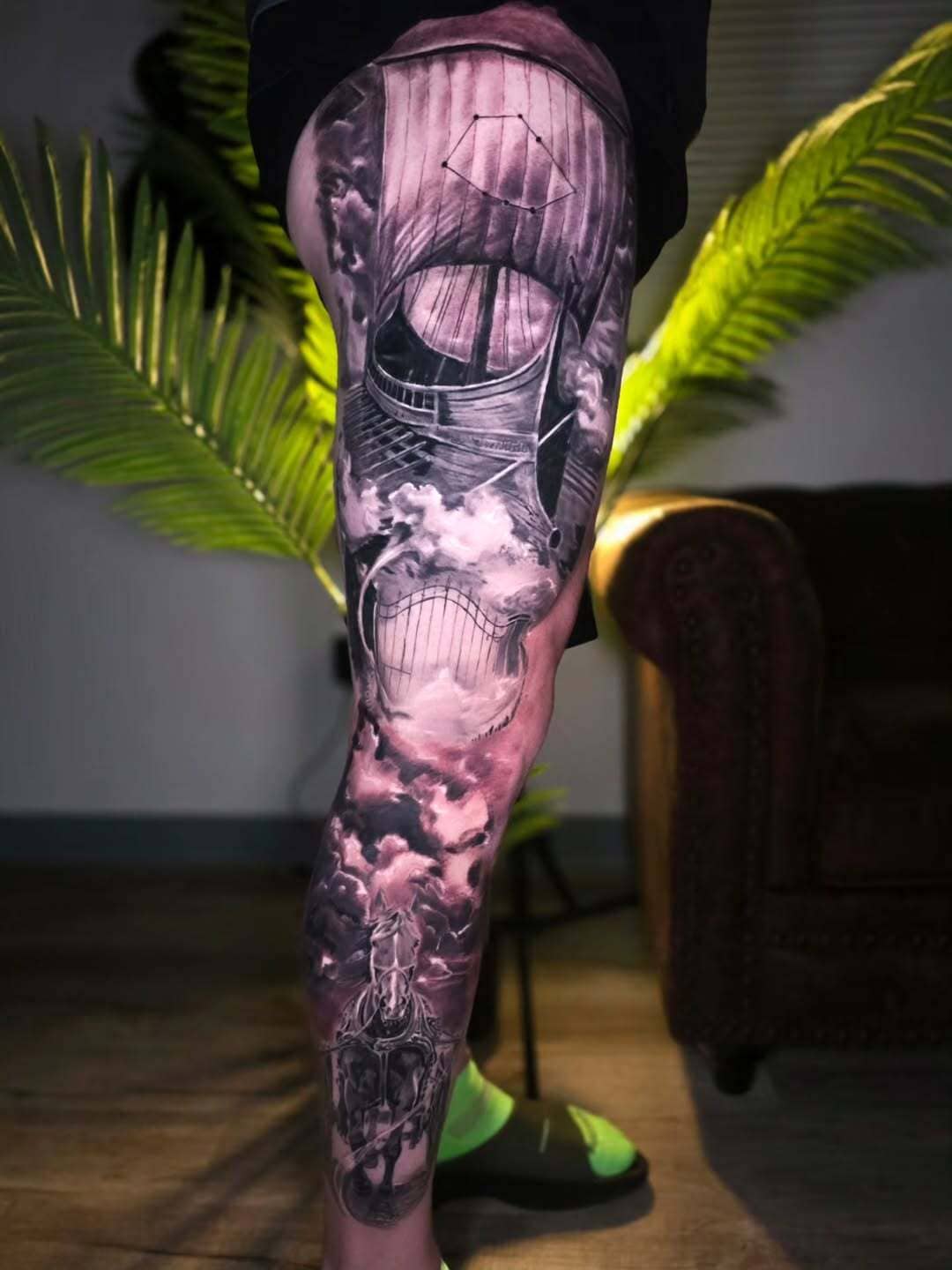 Black & Grey Architectural Leg Sleeve Tattoo