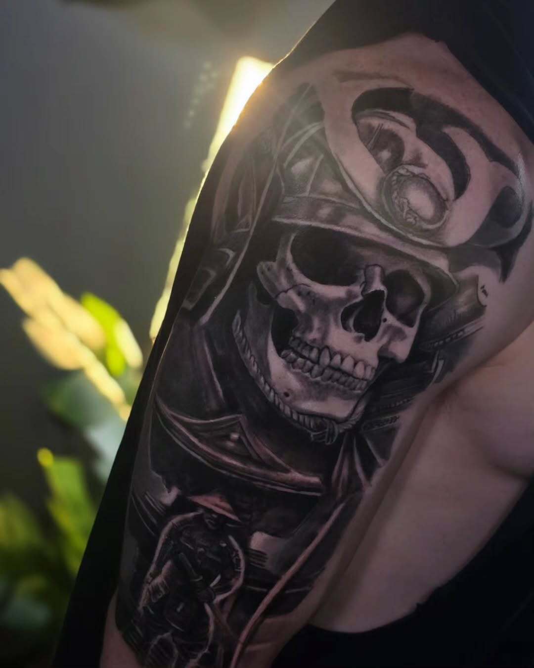 Samurai Skull Realism Shoulder Tattoo