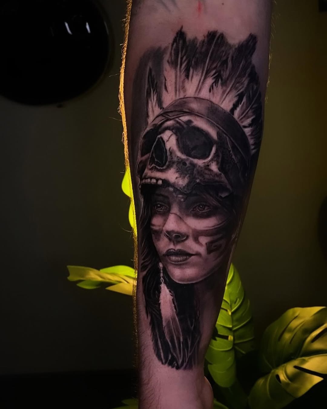 Warrior Woman & Skull Headdress Realism Tattoo