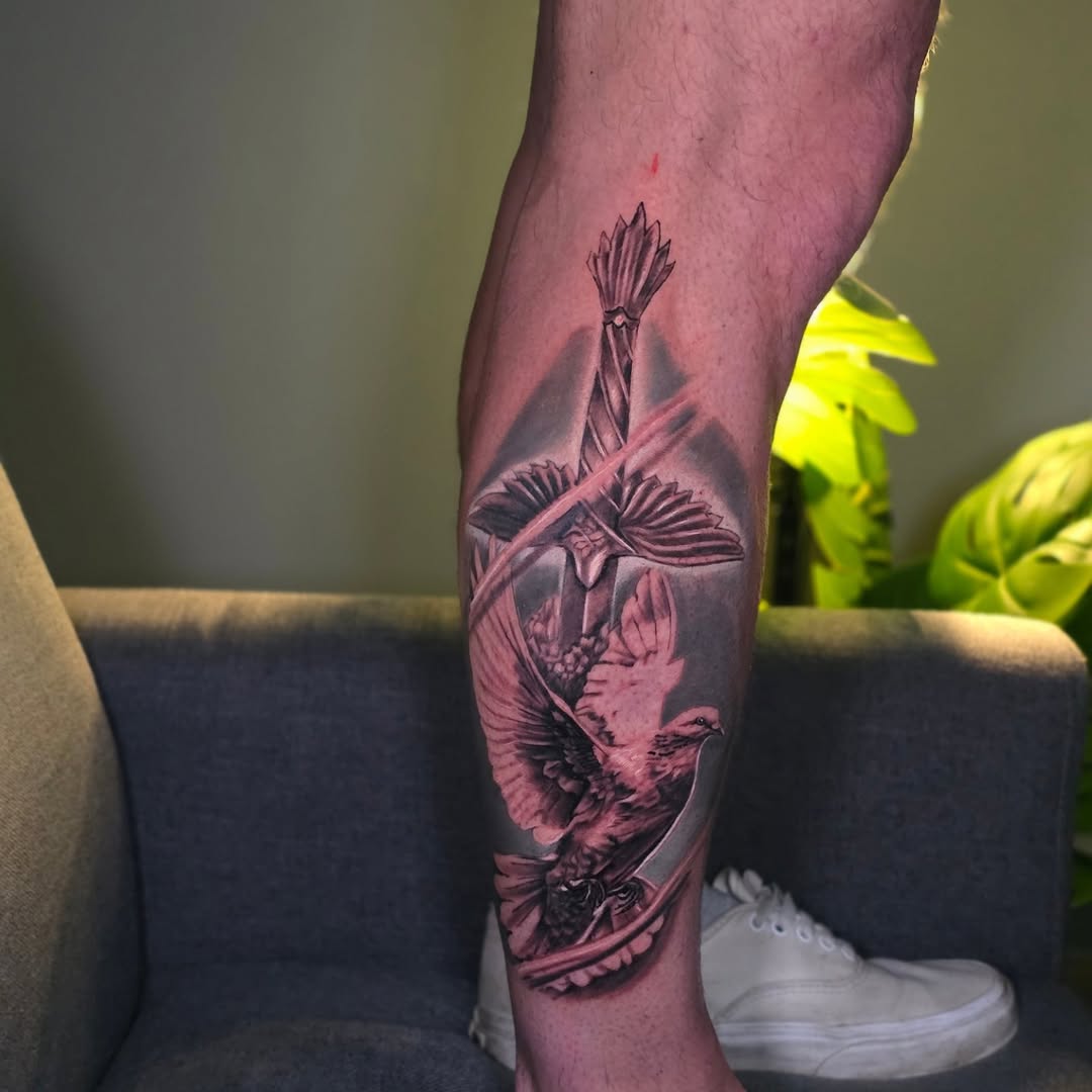 Sacred Sword & Dove Realism Forearm Tattoo