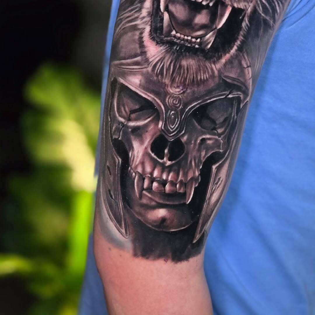 Lion & Skull Warrior Realism Sleeve Tattoo