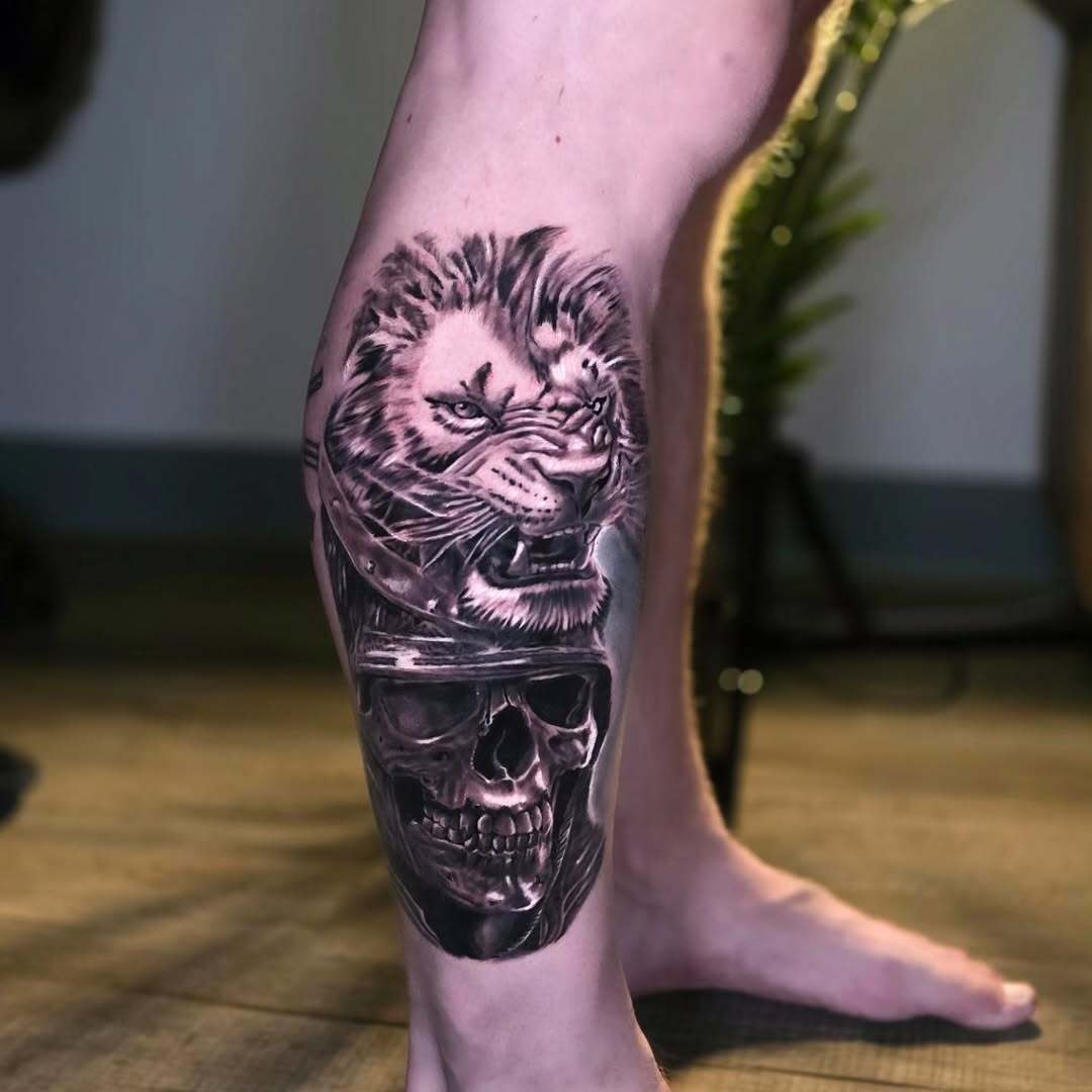 Lion & Skull Realism Calf Tattoo