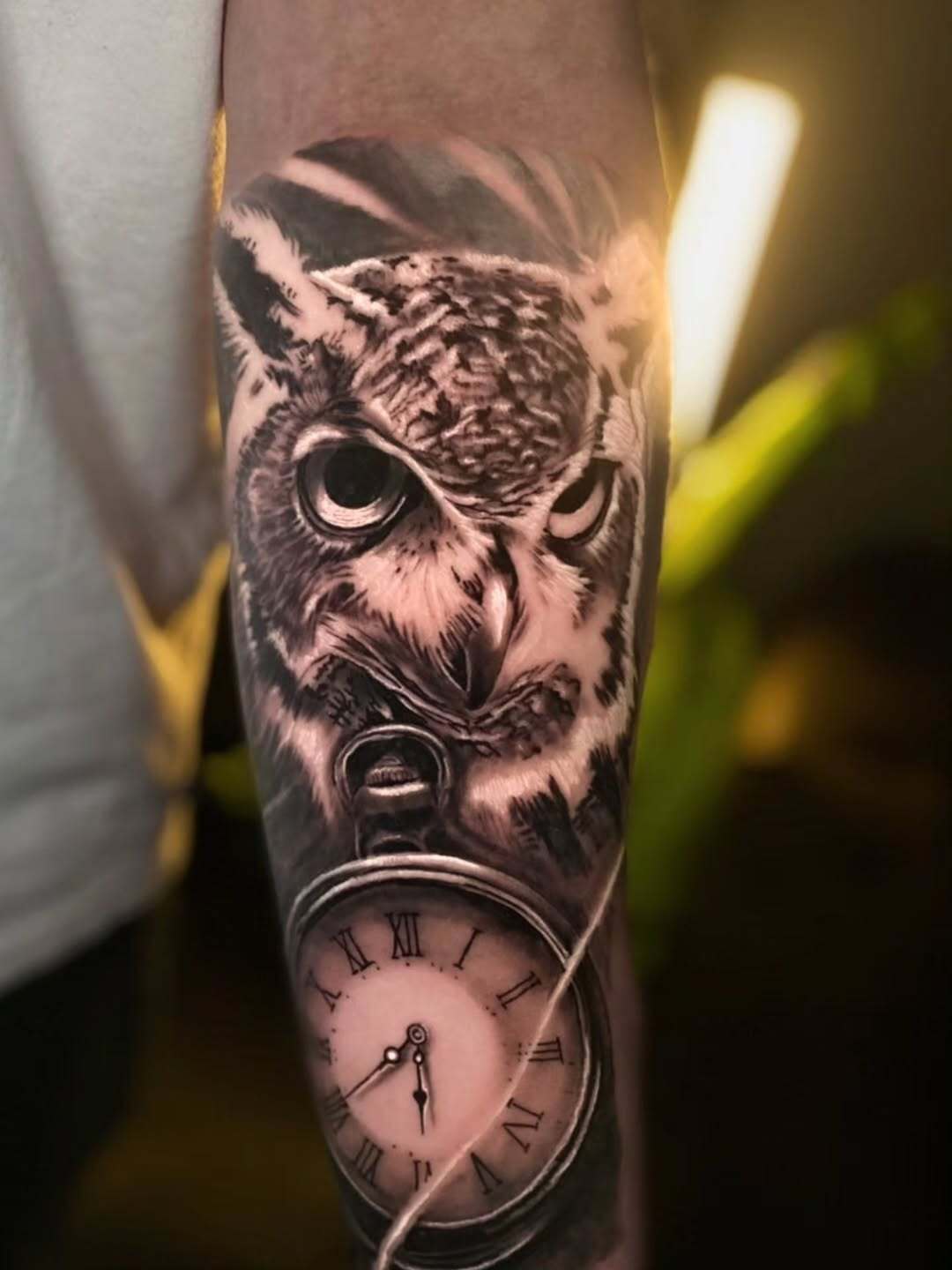 Owl & Pocket Watch Realism Forearm Tattoo