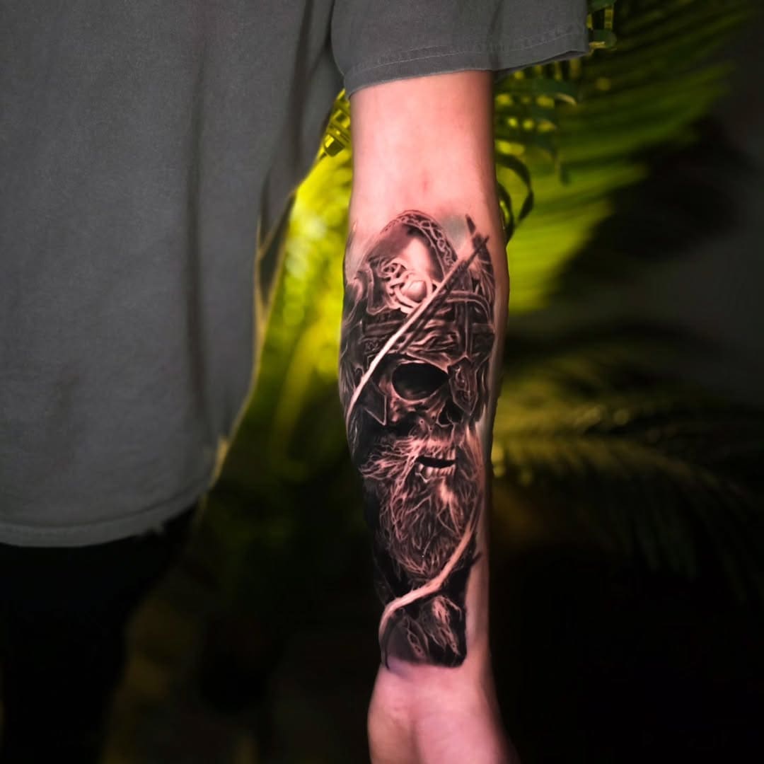 Viking Skull & Sword Realism Forearm Tattoo
