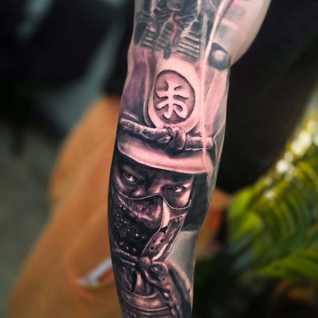 Samurai Mask & Katana Realism Forearm Tattoo