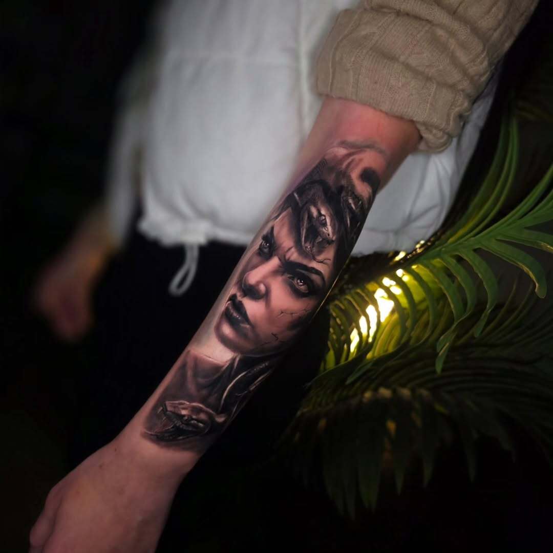 Medusa Woman Realism Forearm Tattoo
