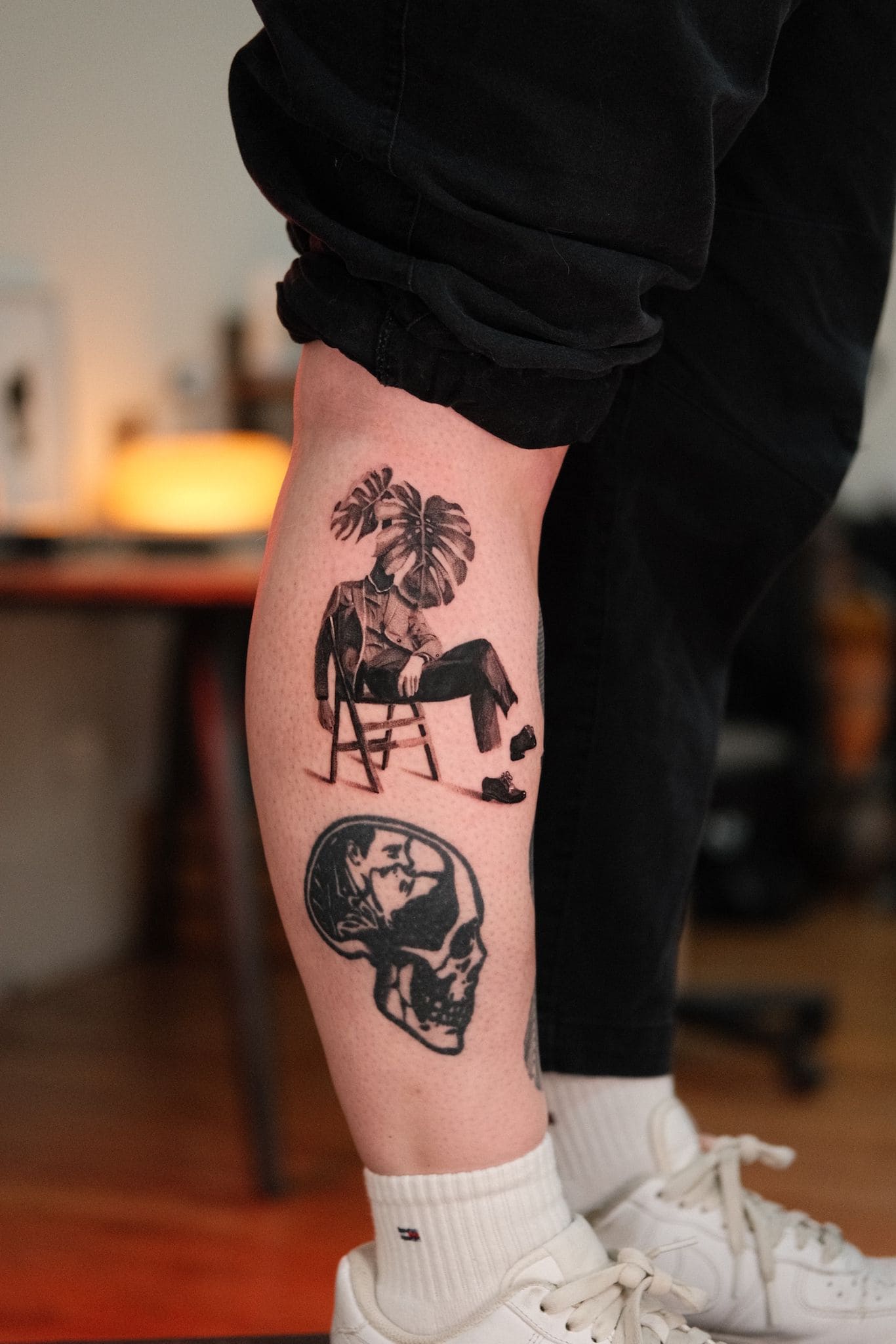 Surreal Monstera Head & Skull Tattoo Composition