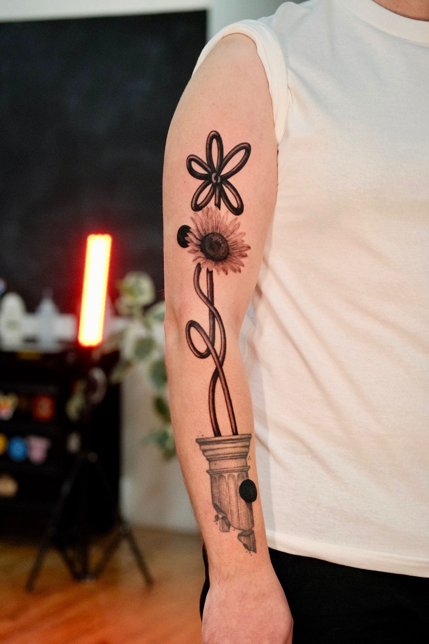 Abstract Floral Column Arm Tattoo