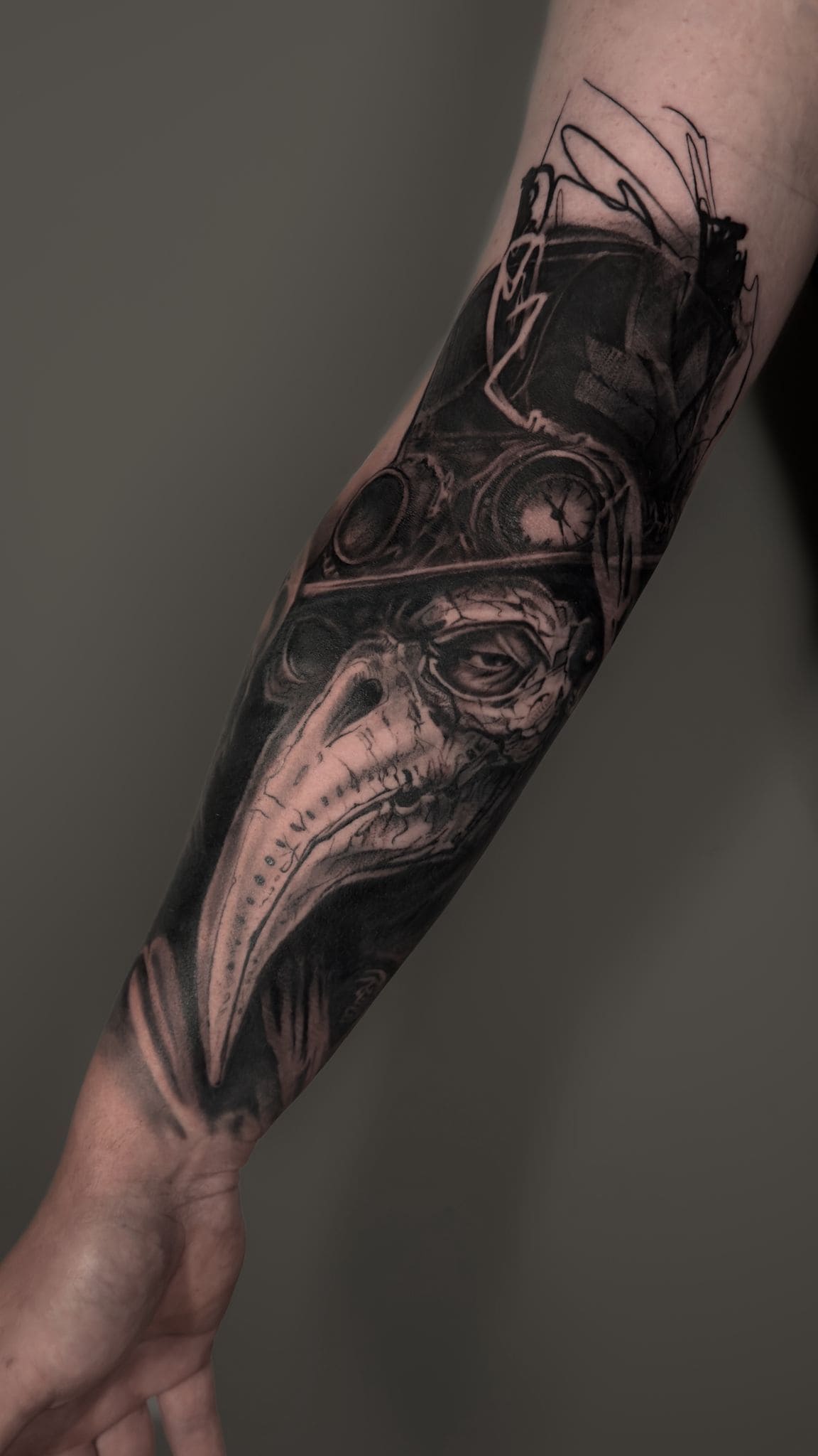 Plague Doctor Black & Grey Realism Forearm Tattoo