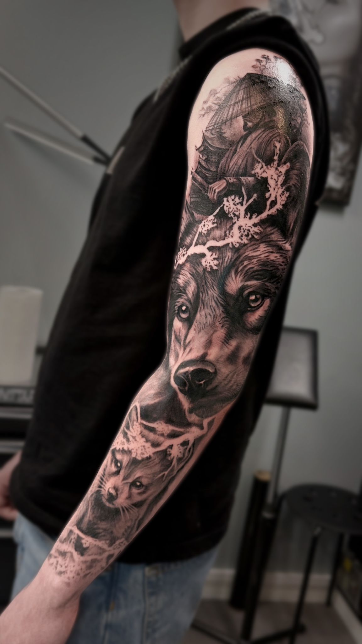 Wolf & Samurai Full Sleeve Black & Grey Tattoo