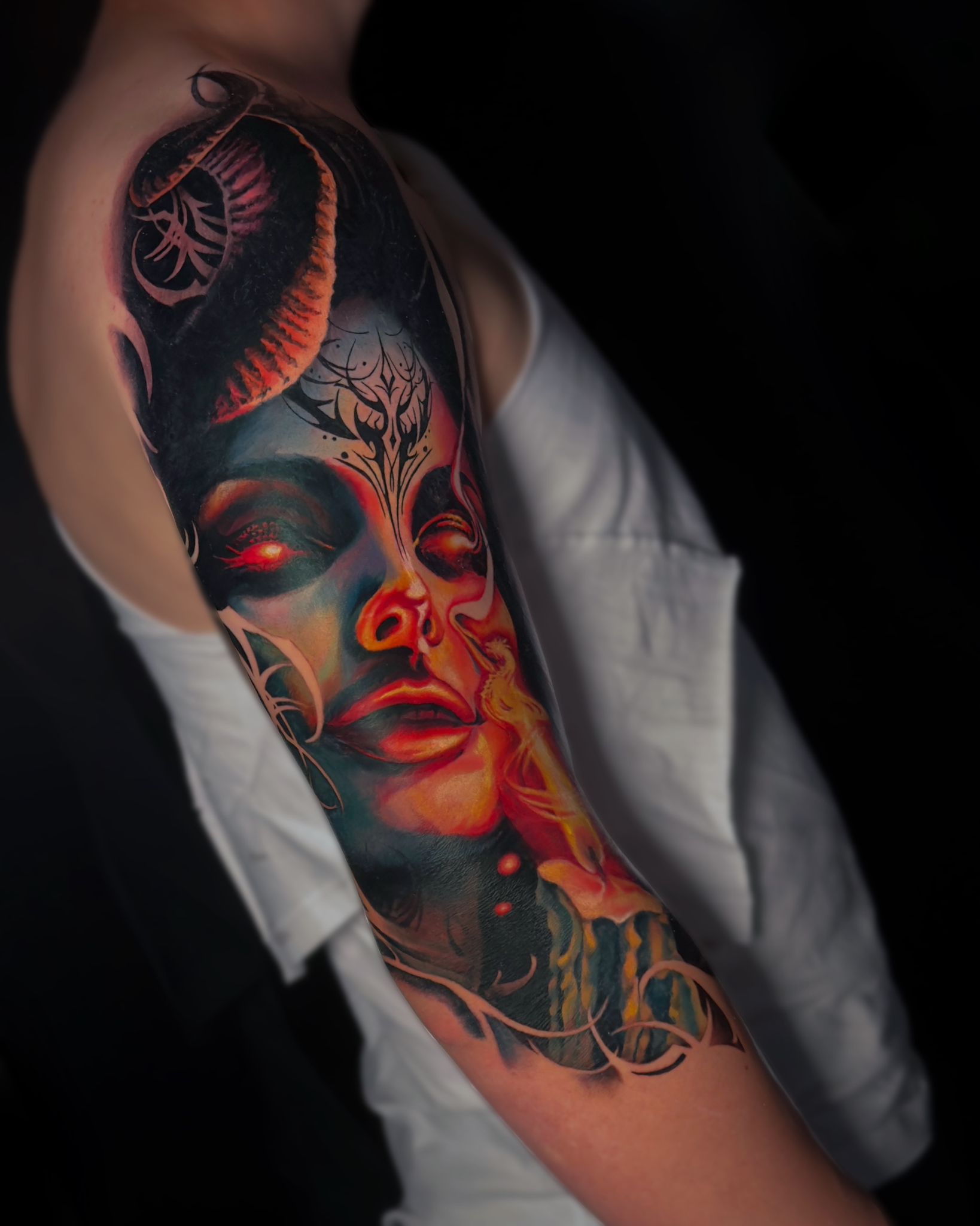 Demonic Goddess Color Realism Sleeve Tattoo