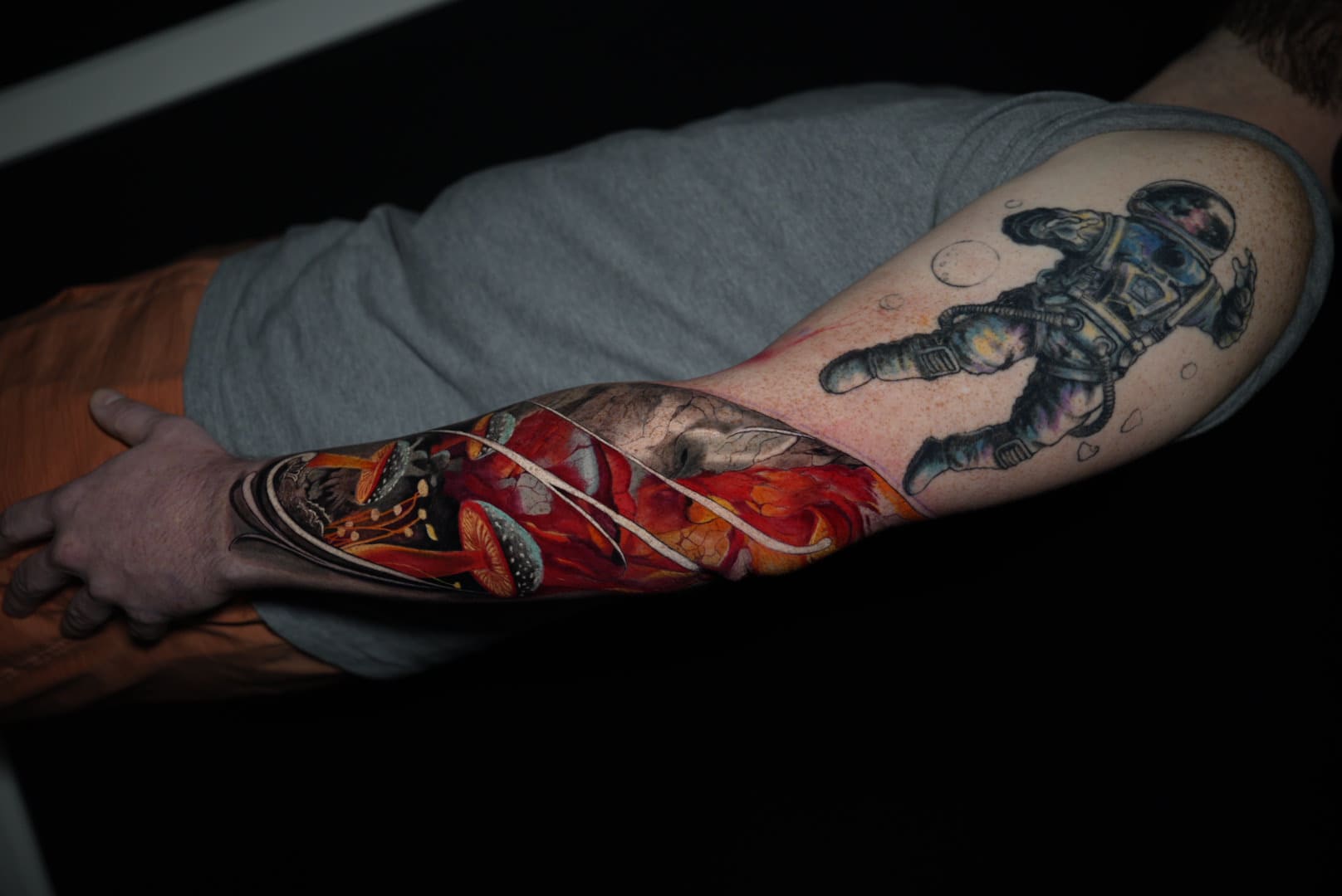 Astronaut & Surreal Nature Color Sleeve Tattoo