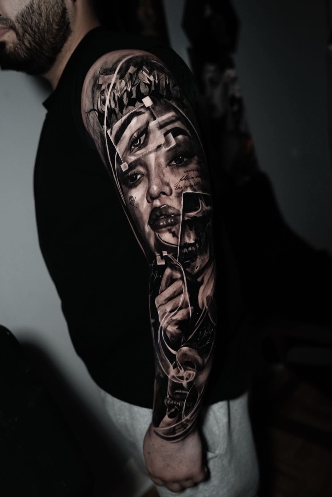 Surreal Woman & Skull Black & Grey Sleeve Tattoo