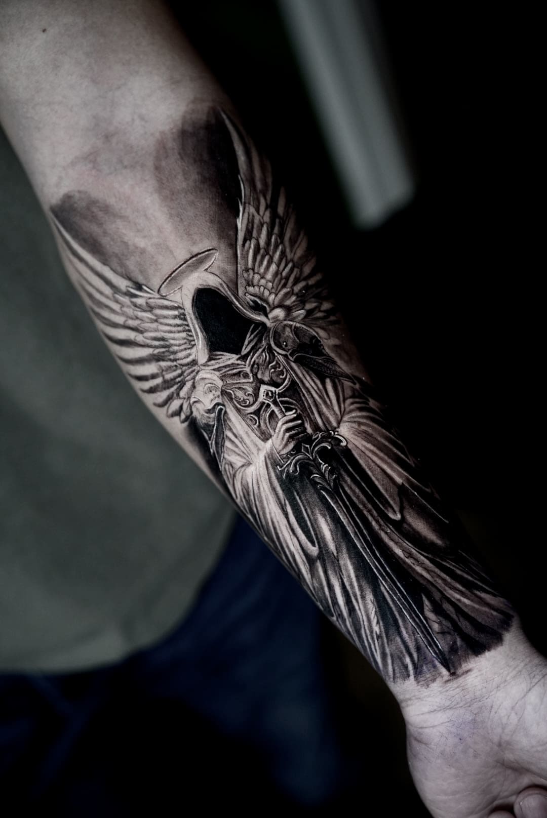 Fallen Angel Black & Grey Forearm Tattoo