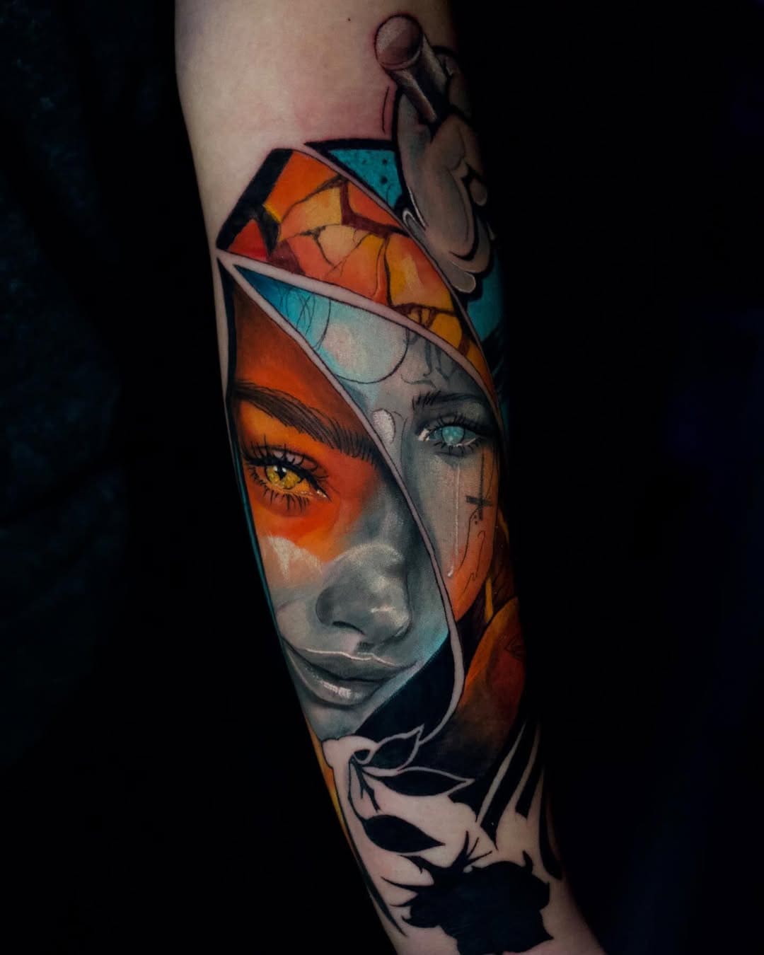 Split Face Color Portrait Tattoo
