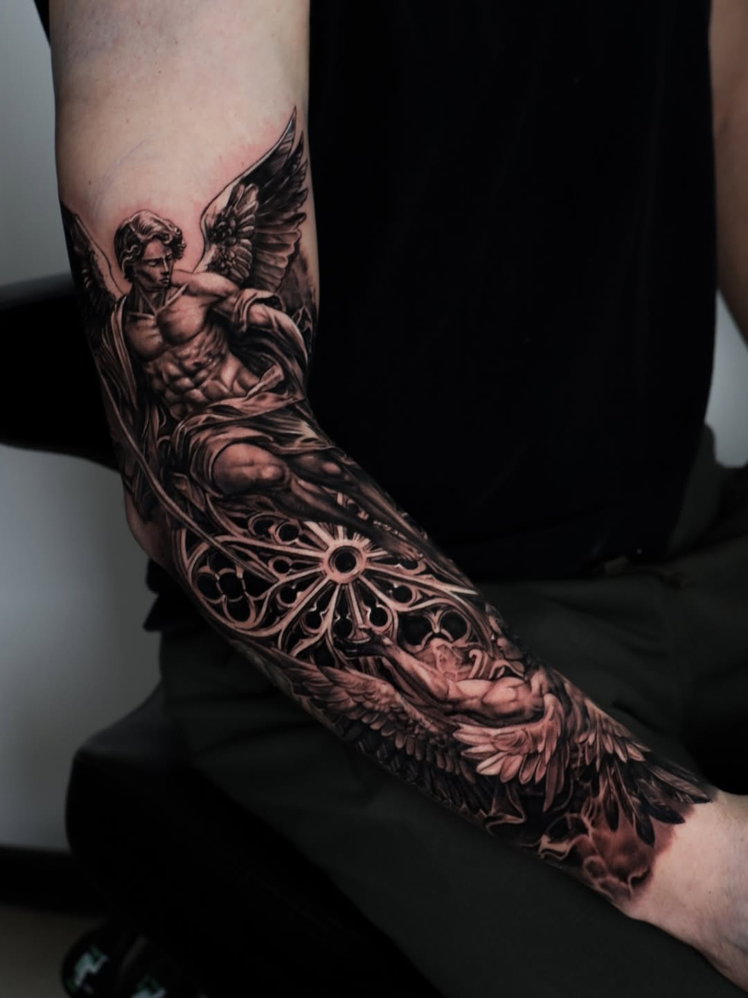 Fallen Angel Sleeve – Black & Grey Realism