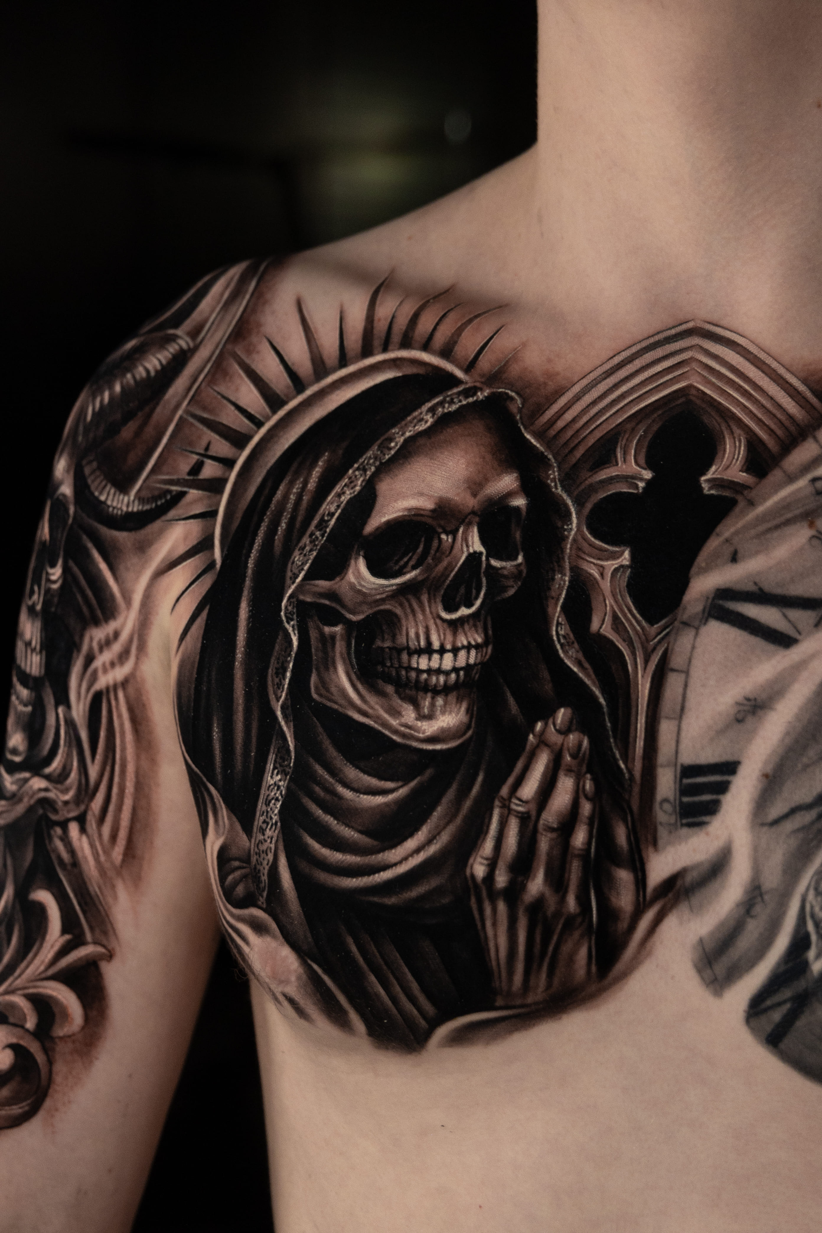Praying Reaper – Black & Grey Chest Piece