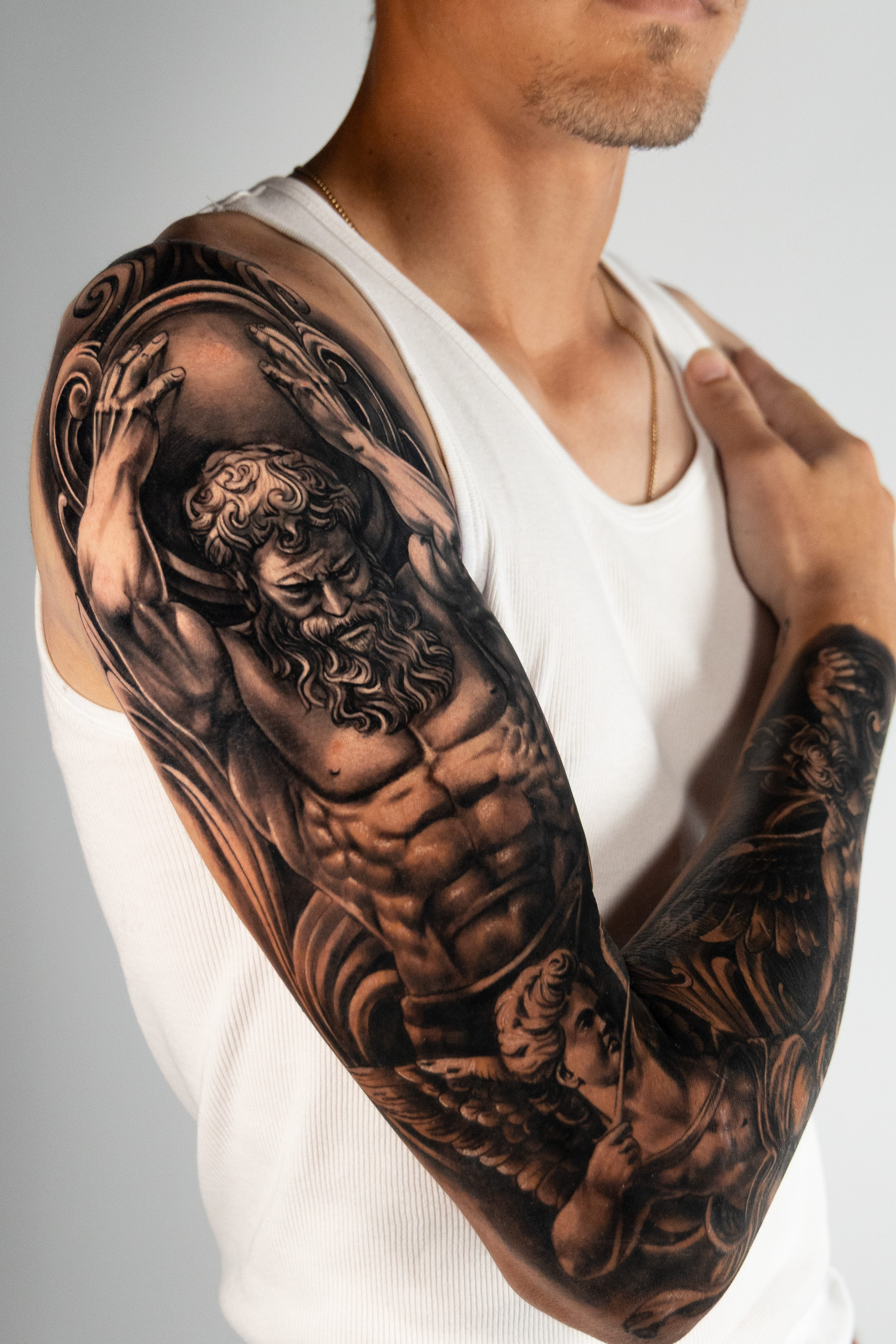 Atlas & Angel – Black & Grey Mythology Sleeve