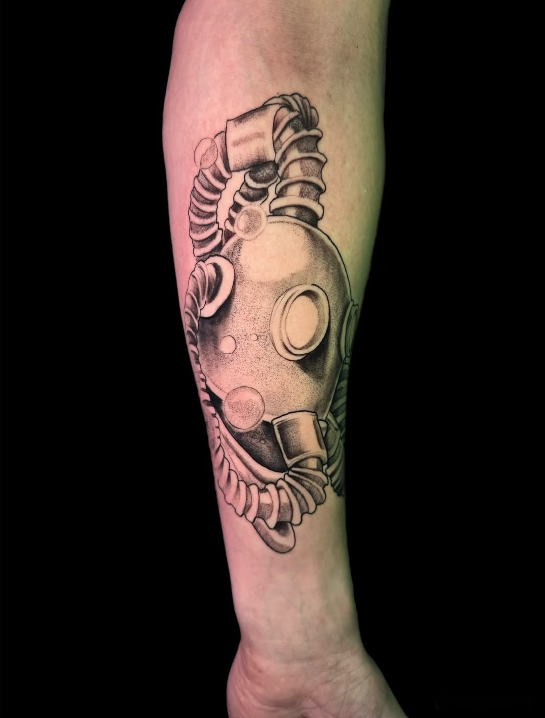 Gas Mask Tattoo in Black & Grey Style