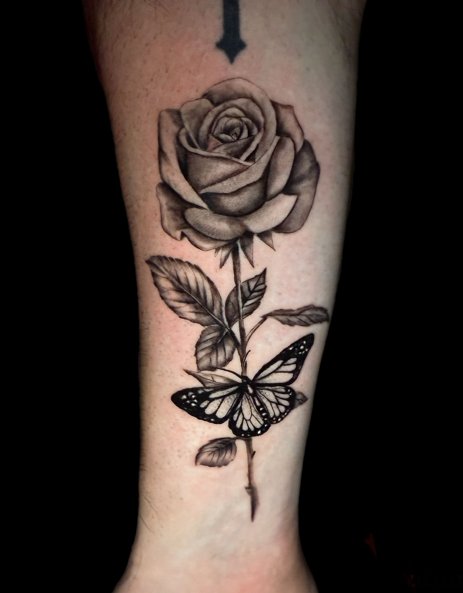 Rose and Butterfly Tattoo in Black & Grey