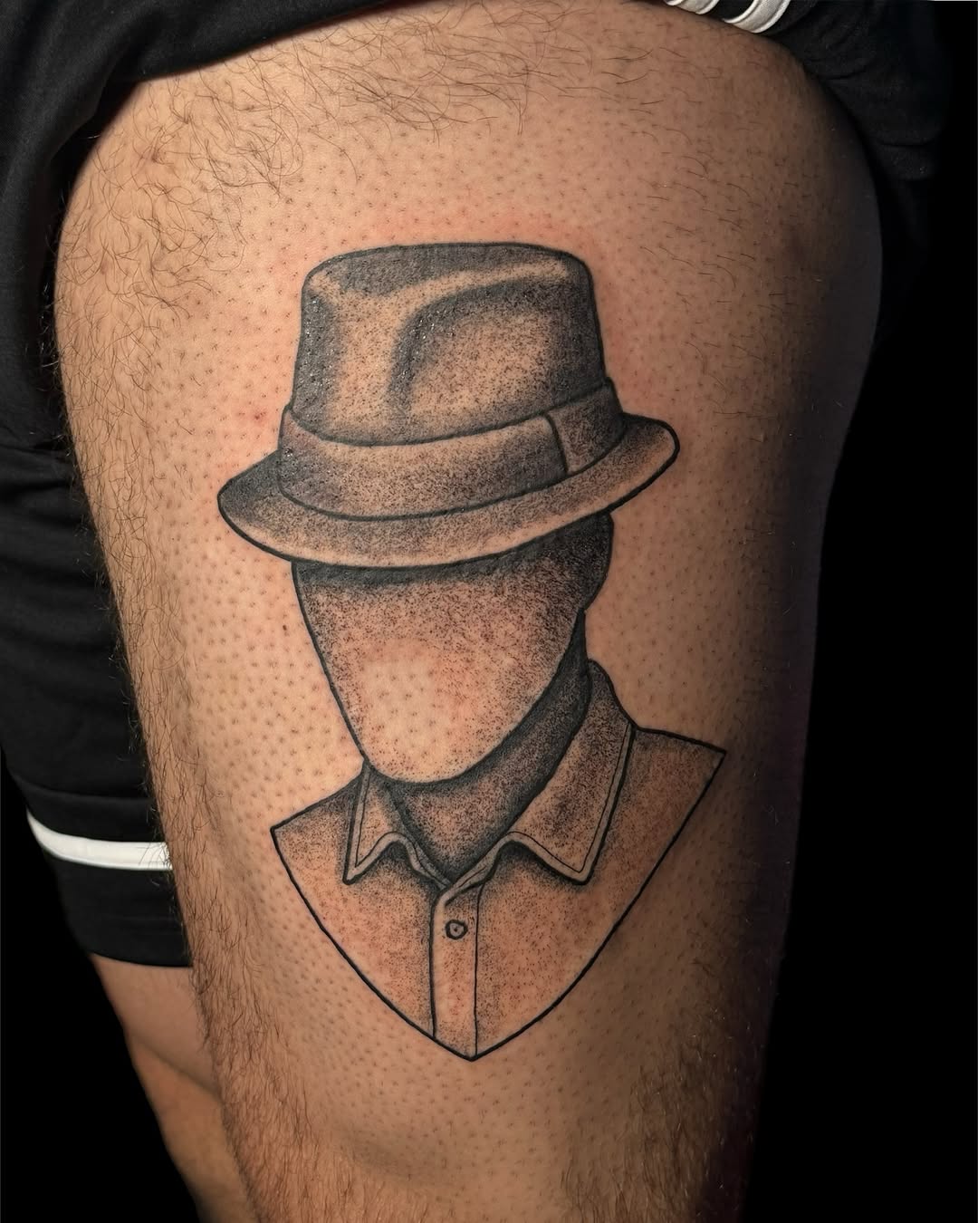 Faceless Man Tattoo with Hat in Dotwork Style