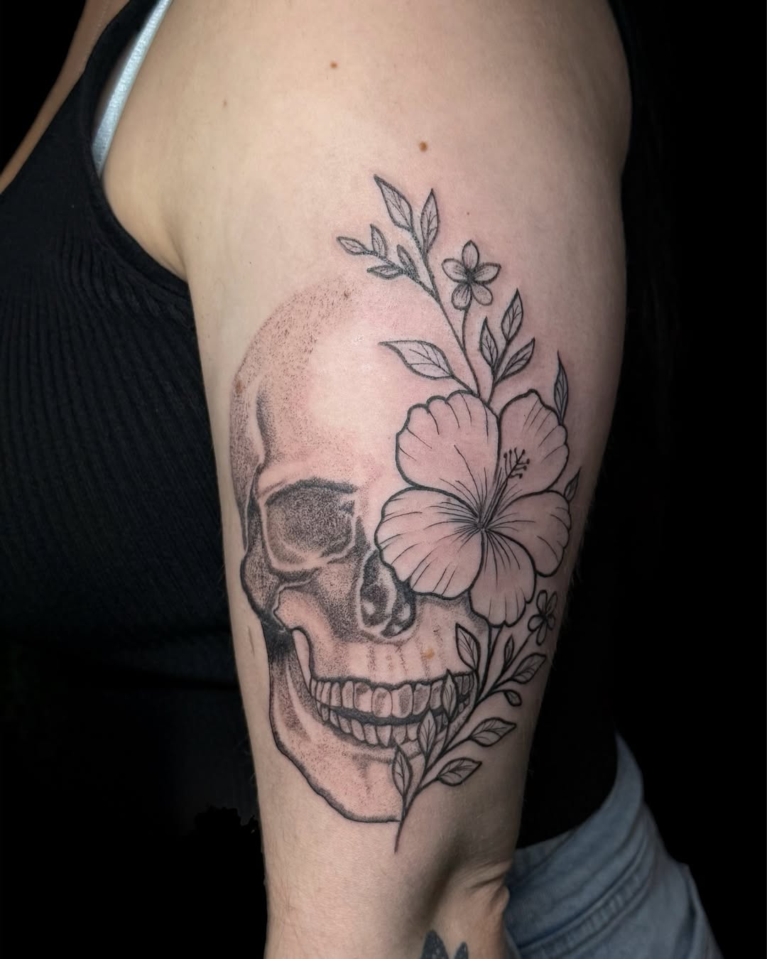 Skull and Floral Tattoo in Black & Grey