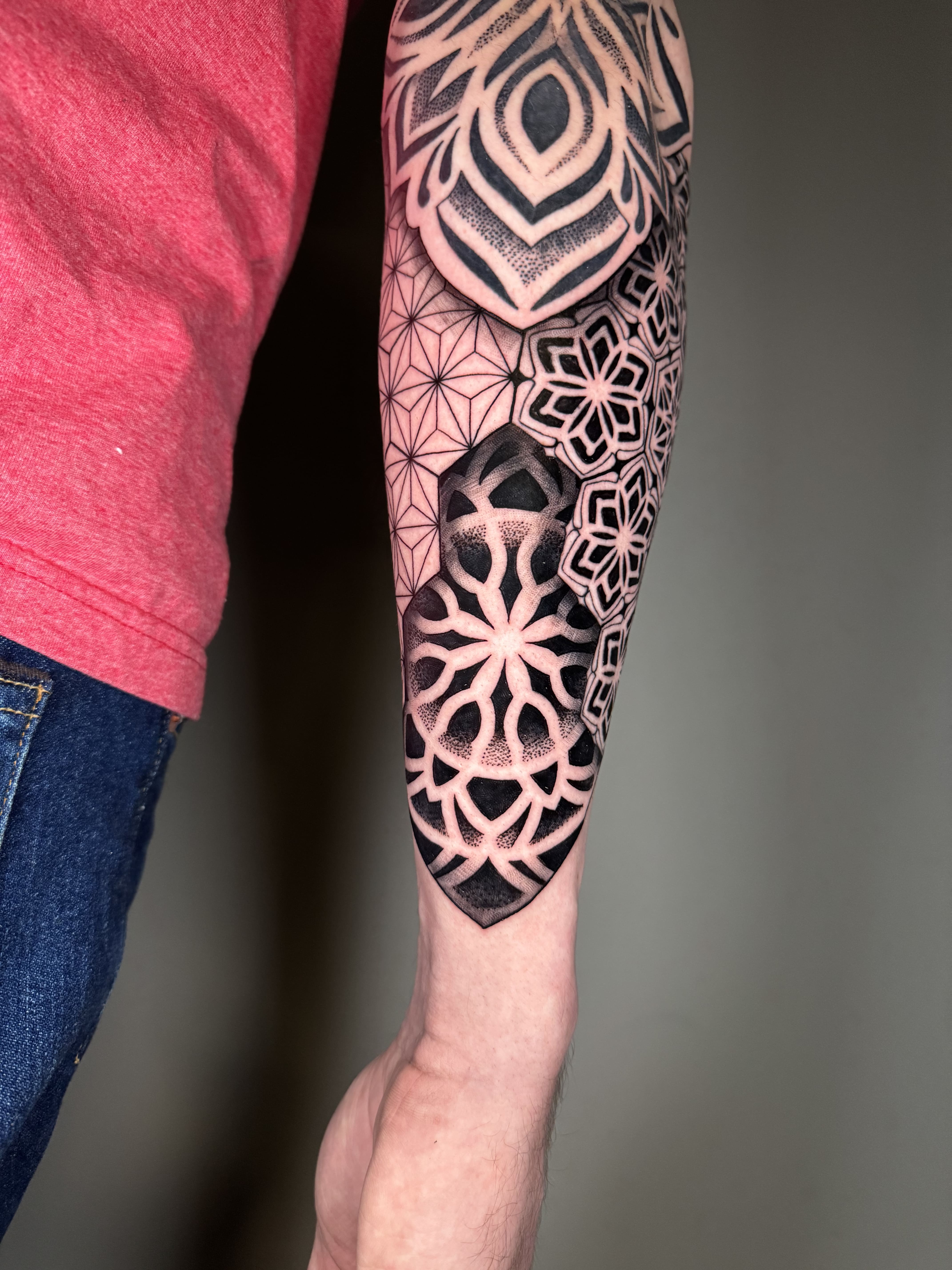 Layered Geometric Blackwork Sleeve