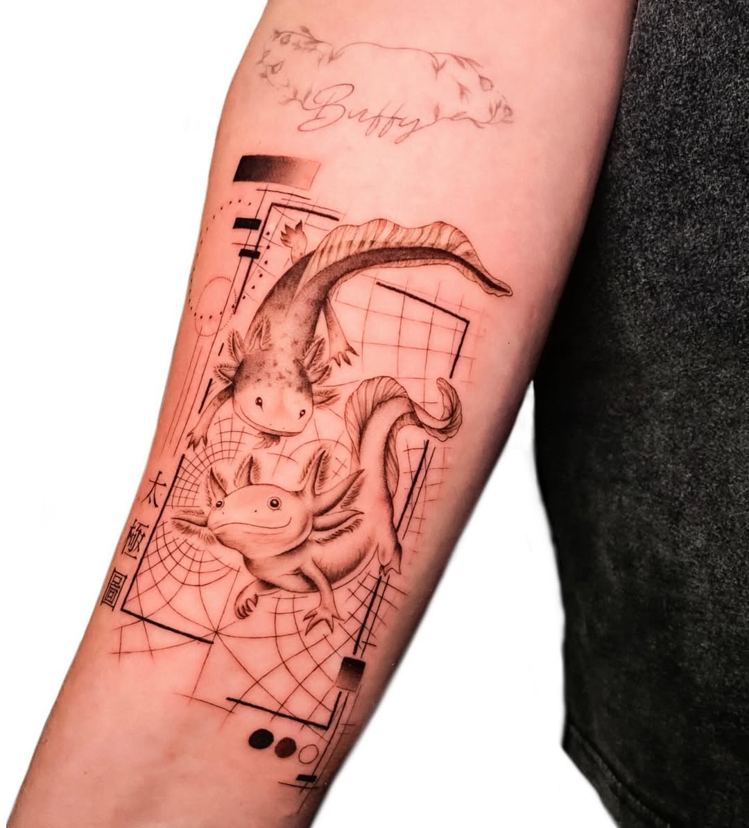 Axolotl-Duo mit geometrischen Elementen