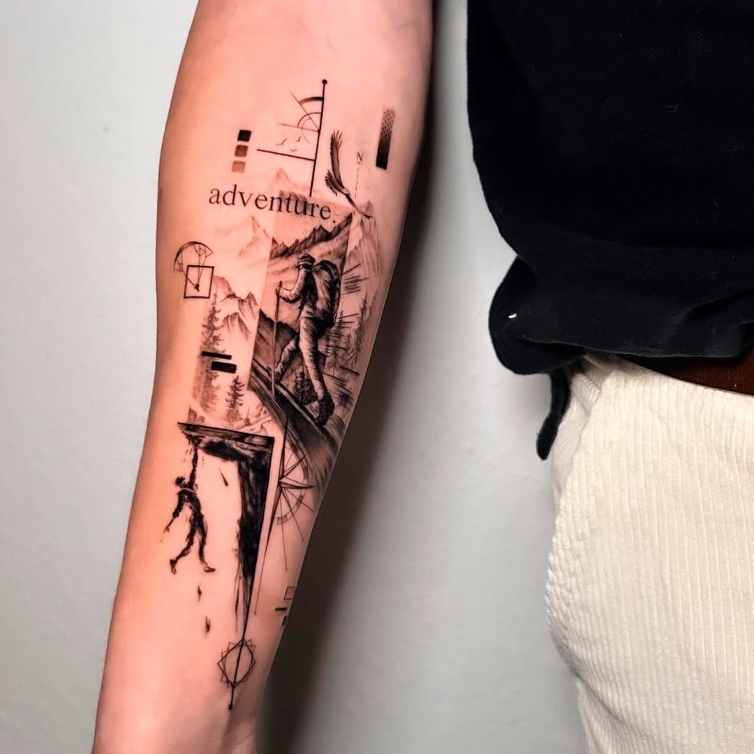 Abenteuer-Tattoo mit Bergsteiger und geometrischen Elementen