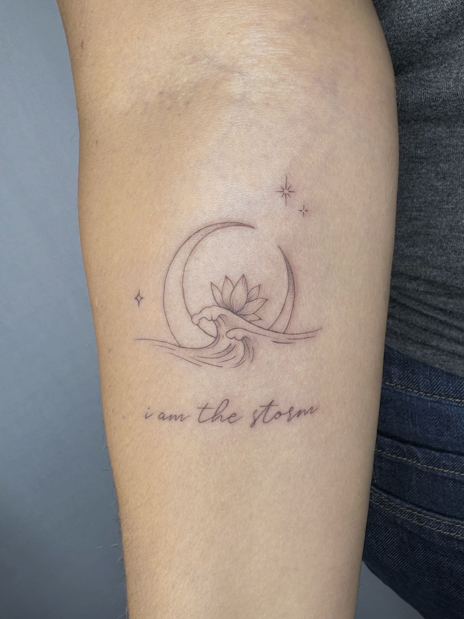 Fine Line Moon, Wave & Lotus Tattoo