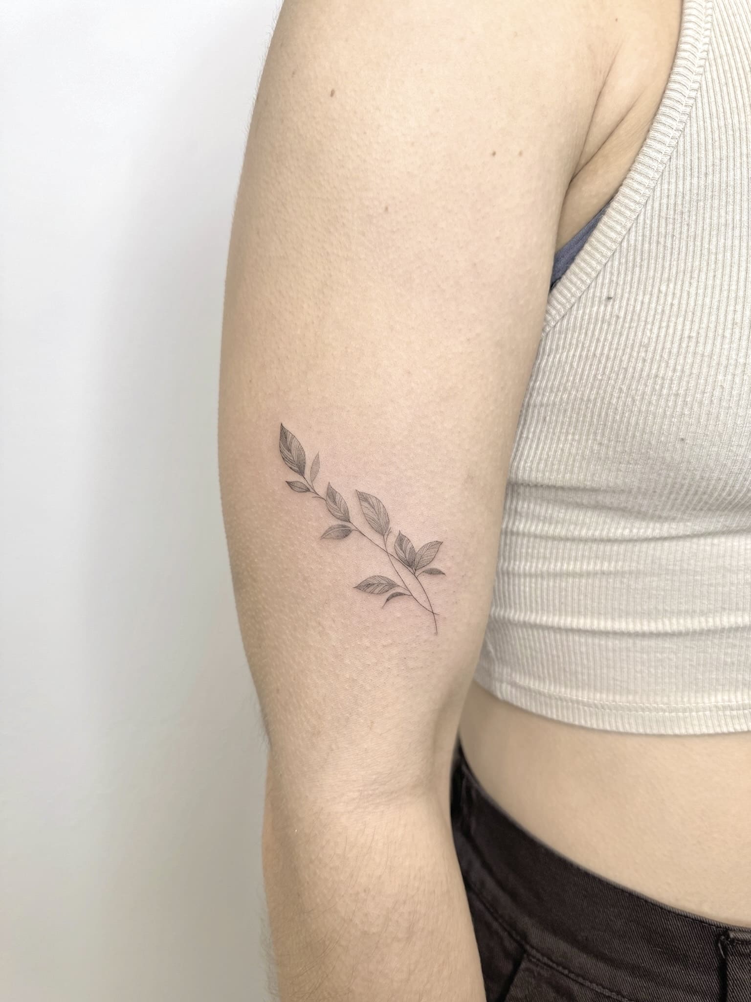 Fine Line Botanical Leaf Branch Tattoo