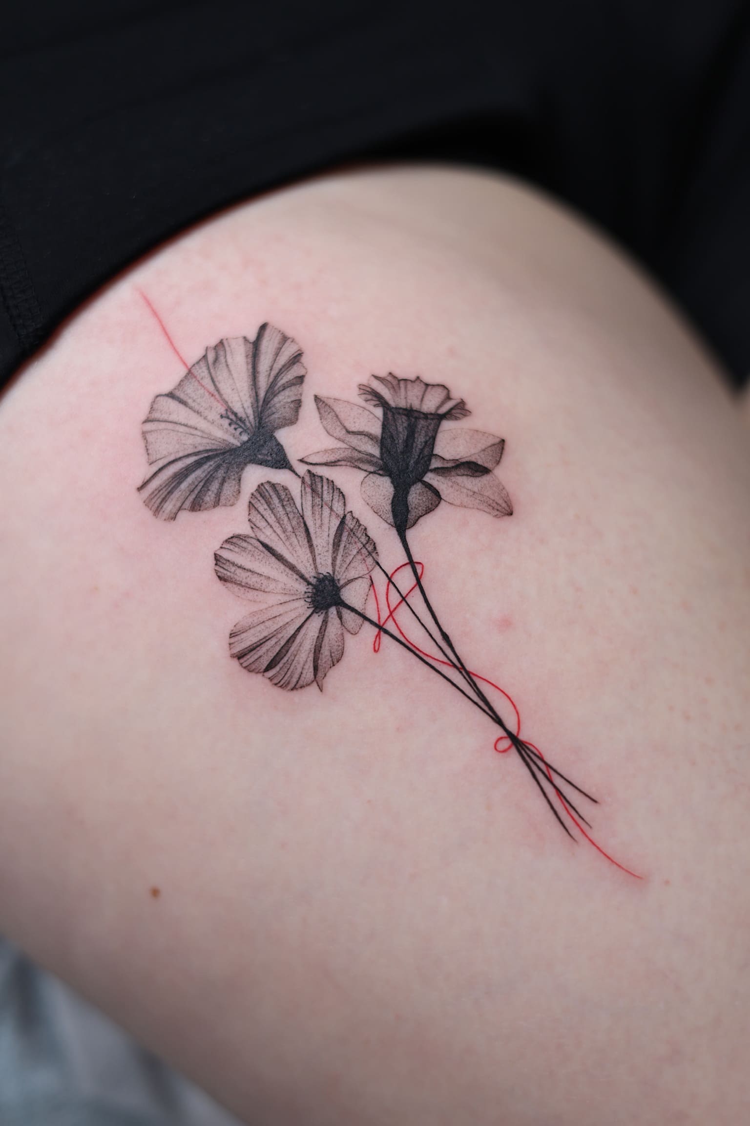Fine Line Floral Bouquet with Red Thread Accent