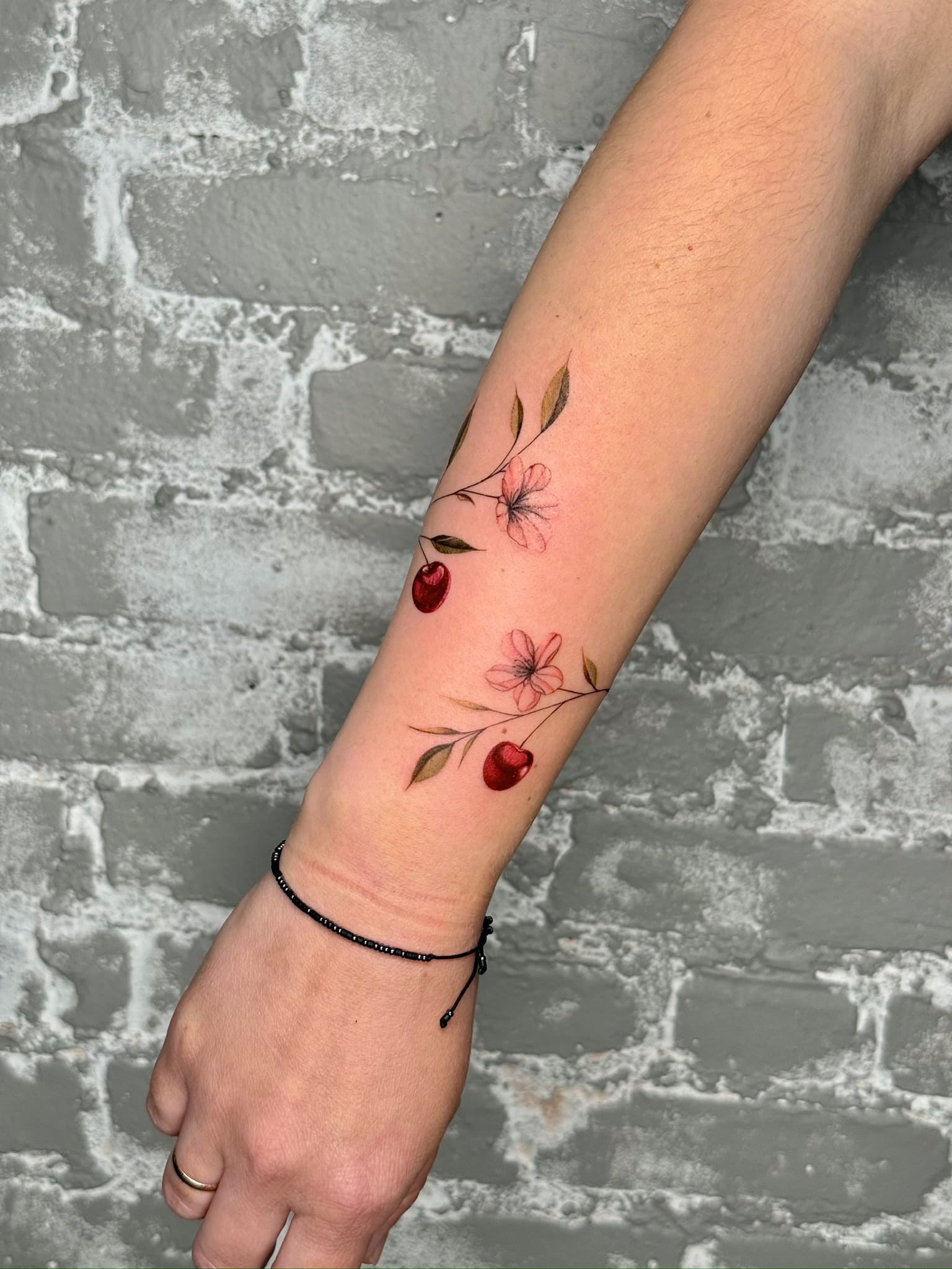 Fine Line Cherry Blossom & Cherries Color Tattoo