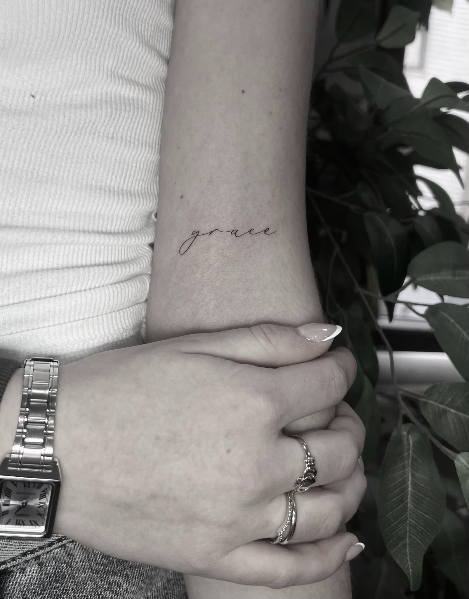 Fine Line Script “Grace” Tattoo